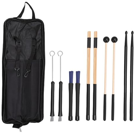 Ejoyous Trumsticksset, 5 par Trumstickssats med Furu Bambu Nylon Metallgummi, Förvaringsväska, Infällbara Borstar, Bekvämt Grepp för Nybörjare med Träningsprestanda