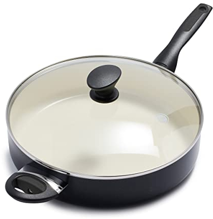 GreenPan Rio Padella per Sauté Antiaderente in Ceramica Sana da 30 cm/4.8 Litri con Coperchio, Senza PFAS, Manico Fredda al Tatto, Sicuro in forno fino a 160°C, Nero e Crema