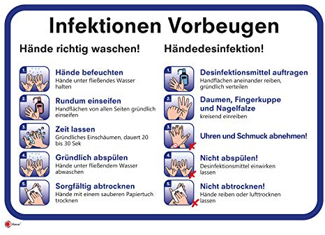 Anleitung zur Vorbeugung von Infektionen I 30 x 20 cm I Hinweis-Schild Gründlich Hände waschen und desinfizieren I Handdesinfektion I Hygienemaßnahmen Aushang I Beschilderung I hin603