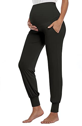 AMPOSH Women's Maternity Pants Stretchy Lounge Workout Sweatpants Casual Loose Comfy Pregnancy Joggers with Pockets(Black, M)