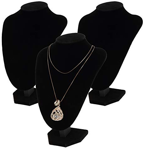 Foraineam 3 Pack Black Velvet Necklace Bust Display 3D Jewelry Chain Organizer Mannequin Model Display Stand Holder