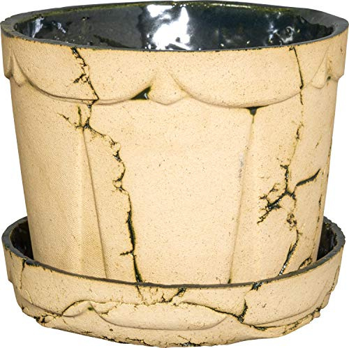 PLATINUX Steingut Blumentopf mit Untersetzer & Abflussloch 18,6x15,7cm Blumenkübel Steinoptik Grün Groß Handmade