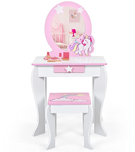 RELAX4LIFE Toeletta da Trucco con Sgabello per Bambini, Scrivania con Specchio Rotondo Rimovibile, Cassetto con Manopola a Stella, Scrivania e Sedia per Cameretta, Modello Unicorno (Bianco)