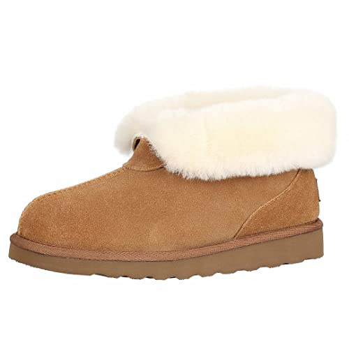 PAMIR Stivali da donna in vera pelle scamosciata e scarpe da casa - finiture in pelle di pecora, memory foam, stivaletti alla caviglia per interni/esterni, Castagna, 42 EU