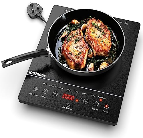 Karinear Portable Ceramic Hob for ALL Cookware, Pulg in Single Electric Hob with 4-Hour Timer, 9 Power Levels Up to 2000W, 8 Pre-set Functions Touch Sensor Control, Safety Lock