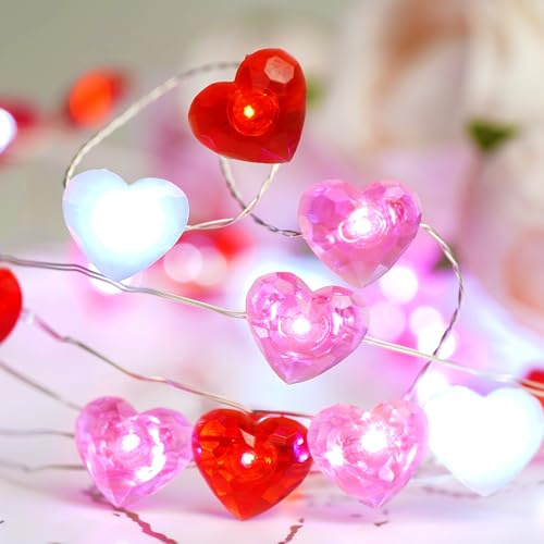 Libreath Valentines Day Heart String Lights, Red White Pink, 10 ft 40 LEDs