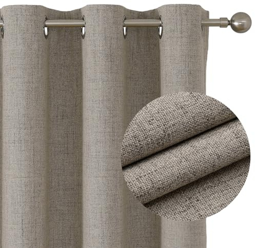Joydeco 100% Blackout Lined Curtains W52 x L63 Inch Drop, Linen Look Textured Thermal Insulated Short Eyelet Curtains with Coating Back Layer for Living Room Bedroom, Linen Colour - 2 Panels