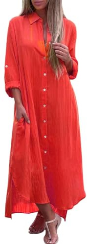 Duohropke Vestido maxi de verano para mujer, vestido camisero de lino, informal, holgado, vestido de fiesta, monocolor, con botones, manga larga, vestido de camiseta, tallas grandes, vestidos de