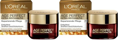 L'Oréal Paris Tagespflege, Age Perfect Extra-Reichhaltig, Anti-Aging Gesichtspflege, Entknittern und Straffen, Für sehr reife und trockene Haut, Mit Manuka Honig und Calcium B5, 50ml (Packung mit 2)