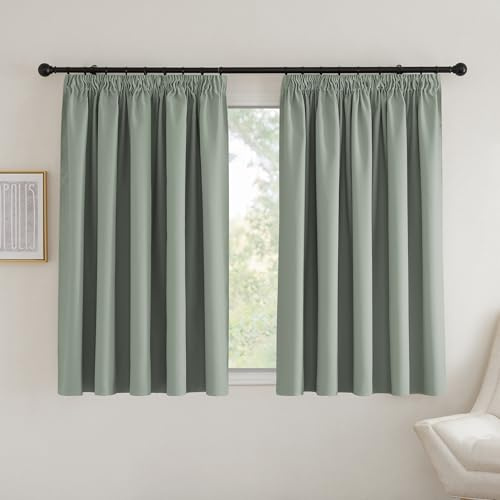 PONY DANCE Blackout Pencil Pleat Curtains, Sage Green, W90 x L54, 2 Panels | Thermal Insulated Curtains with Noise Reducing & Privacy, Luxury Soft Window Treatment for Bedroom & Living Room