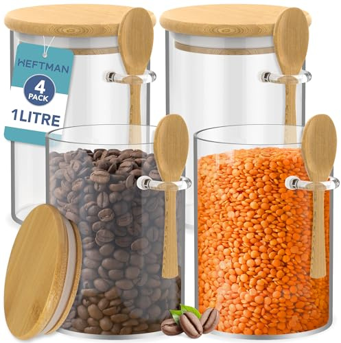 HEFTMAN Glasburkar med bambulock – 1 liter, 4-pack glasförvaringsburkar med lock, lufttäta silikontätning och skedar, perfekt för kaffe, socker, kryddor, varm chokladstation