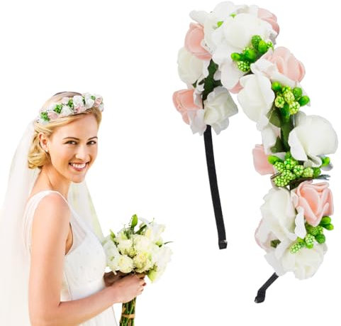 Diadema de Corona de Flores, Corona Flores Diadema Tiara, Diadema Flores Mujer, Guirnalda Flores Pelo, Tocado con Guirnalda Floral, Diadema Tiara Guirnalda Flores para Fiesta Navidad, Rosa y Blanco
