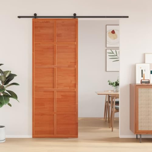 Homgoday Puerta de Granero Madera Maciza Pino marrón Miel 80x208 cm, Puerta Corredera Deslizante Corrediza Entrada Hogar Cuarto de Baño Salón Sala de Estar Habitación