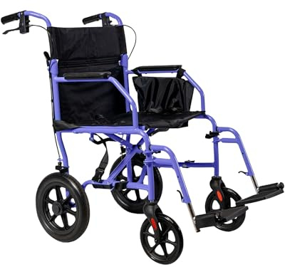 Platinum Health Hummingbird™ Ultra-Lightweight Foldable Transport Wheelchair, Handbrakes,12-Inch Rear Wheels, Extra-Wide Seat. Convenient Table-Length Padded Armrests. (Dusk Purple)