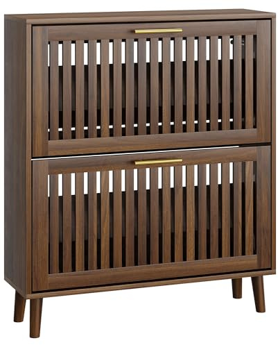 Smart FENDEE 31.5 W Shoe Cabinet Storage for Entryway with 2 Flip Drawers, Shoe Cabinet with Slatted Panel, Hidden Shoe Rack Freestanding Slim Shoes Organizer for Hallway, Entrance, Walnut