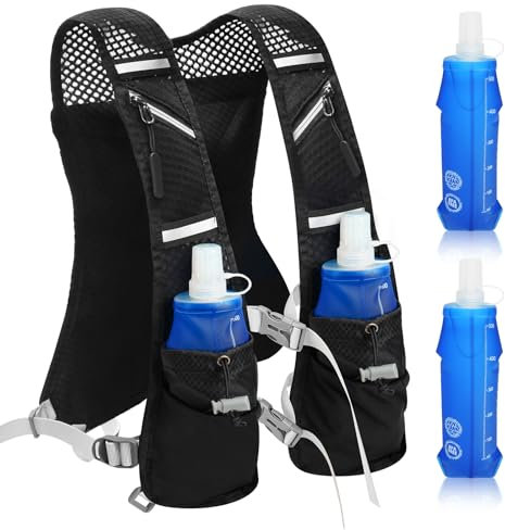 Laufweste für Damen und Herren, Trinkweste Laufen mit 2X 500ml Wasserflasche, Reflektierender Trinkrucksack, Verstellbarer Rucksack für Läufe, Radfahren, Trails, Marathons