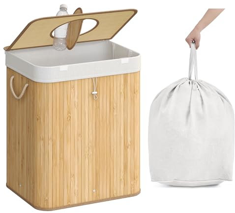 SONGMICS Pfandflaschen-Sammelbehälter, 95 L Pfandflaschen-Behälter, Bambus, Flaschensammler Leergut, Recycling-Behälter, mit Loch, Deckel, Innensack mit Griffen, Küche, naturbeige RRB060Y01