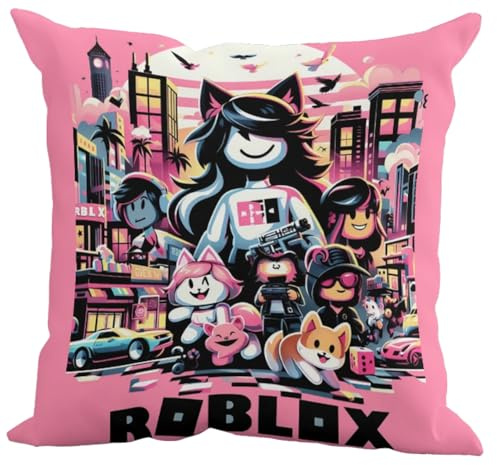 The Beach Stop Fun Video Game Character Accent Ro-blox Cushion Cover | Pop Art Home Decor | Gift Idea for Men Women Boys Girls | 45x45cm 18x18” | Ro-blox Pink