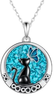 ONEFINITY Svart katt och fjäril kedja 925 sterlingsilver svart katt hänge turkos smycke present för kvinnor män, Turkos