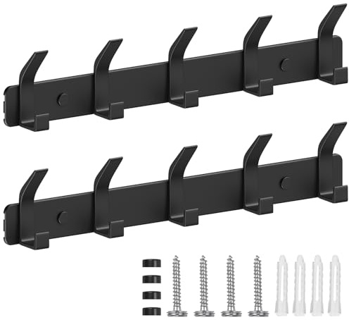 TENXSNUG Percheros Pared 2 Piezas, Colgador Pared Inoxidable con 5 Ganchos, Ganchos de Perchero Coat Hooks para Cocina, Baño y Dormitorio, Negro