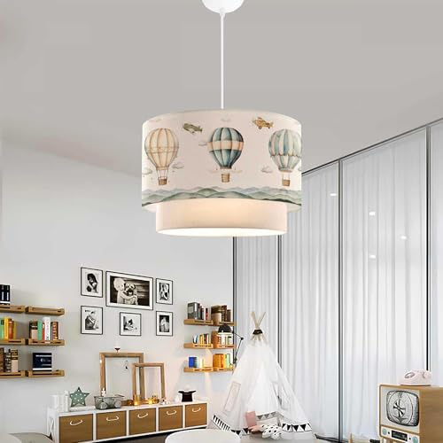 lux.pro Lampada a Sospensione per Cameretta Lampadario per Bambini Lampada da Soffitto con Doppio Paralume Cilindrico Decorato con Mongolfiere - Bianco
