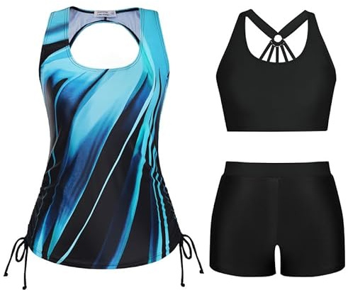 JASAMBAC 3-delad tankini för kvinnor, push-up bikiniöverdel och badshorts med hög midja, enkla badkläder, sportbaddräkt, badmode för strand, pool, Svarta och blå vågor, XL