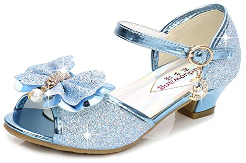 YOGLY Sandales Ceremonie Fille, Chaussure à Talon Enfant Ballerine Princesse avec Paillettes Princesse Chaussures à Talons Hauts Enfants Party Pompes,36 EU,Bleu