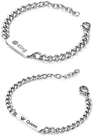Flongo partnerarmband BFF-kedjor vänskapsarmband för 2 rostfritt stål armband armring silver pansarkedja partnerarmband par king queen krona gravyr män, kvinnor, 17 cm, Rostfritt stål