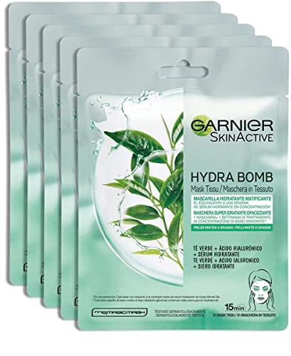 Garnier SkinActive, Maschera in tessuto super-idratante e opacizzante Hydra Bomb, Per pelli miste o grasse, Tè verde, Confezione da 5