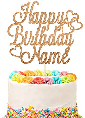 Personalised Happy Birthday Cake Topper | Customized Name Cake Decoration | Double Sided Glitter Card | Rose Gold