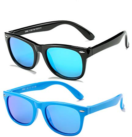 AZorb Kids Polarized Sunglasses TPEE Rubber Flexible Frame for Boys Girls Age 3-8, 100% UV Protection (Black/Blue Mirror + ALL Blue Mirror)