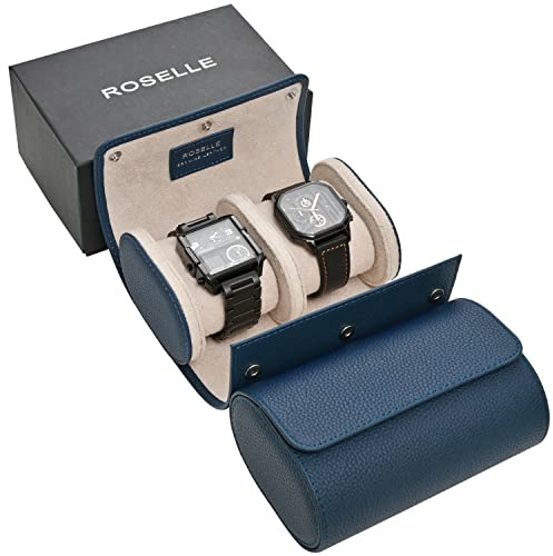 ROSELLE Genuine Leather Watch Roll Travel Case - Watch Roll Case For 2 Watches With Luxury Lining - Protect, Travel,Store, Display Fine Watches (2 slot Blue)