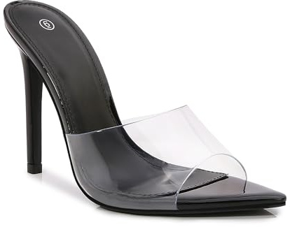 Shion ShaaYii Sandali da donna trasparenti a punta con tacco a spillo cinturino trasparente tacchi alti slip on muli da donna, nero, 36 EU