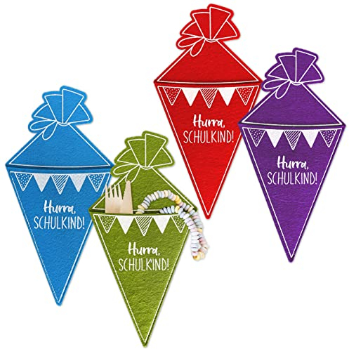 Papierdrachen 4 Bunte Schultüten aus Filz - Bestecktasche oder Geschenktüte - tolle Aufmerksamkeit für den allersten Schultag - Geschwisterschultüte - Schulanfang Einschulung - Set 2