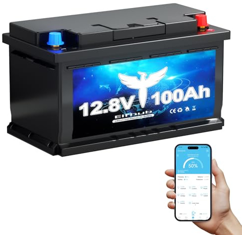 Elfhub LiFePO4-bilbatteri på 12 V/100 Ah Bluetooth,100A BMS, >5000 ggr, djupcykel,1280 W,avstängningsskydd vid låg temperatur, för husbil, camping, båt och solceller i hemmet (12V 100Ah mit Bluetooth)