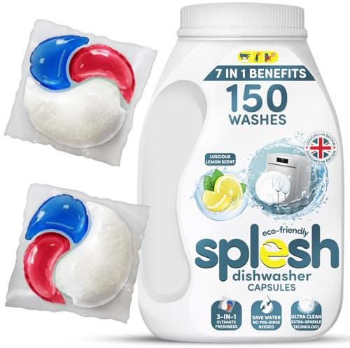 Splesh 3 in 1 Ultimate Freshness Dishwasher Tablets, Lemon Scent Ultra Clean No Pre Rinse Needed Dishwashing Capsules, Extra Sparkle Tough on Stain and Grease Washing Up Tablet, 150W