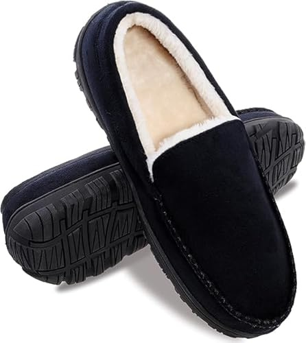 MIXIN Moccasins for Men House Slippers Indoor Outdoor Plush Mens Bedroom Shoes with Hard Sole Black Size 7