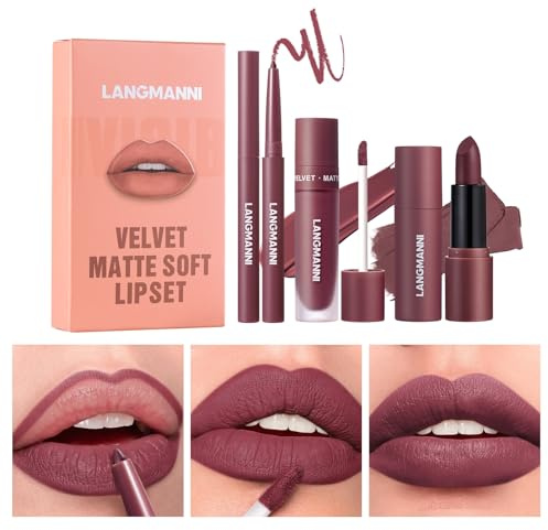 3PCS Matte Liquid Lipstick Lip Liner Set - All-IN-One Lip Kit, Velvety Nude Lip Gloss & Lipstick & Lip Liner, Waterproof Make Up Lip Set (Color, # 06)