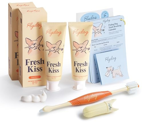 FlyDog Dog Toothbrush and Toothpaste - 2 x Enzymatic Toothpaste Dogs with Dog Finger Toothbrush and Double-Ended Toothbrushs to Clean Pet's Teeth, Plaque and Tartar Removal(Coconut Flavor)