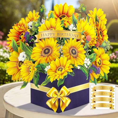 Happivue Birthday Cards for Women, 3D Sunflower Pop Up Birthday Cards for Mum, Sister, Daughter, Wife, Flower Bouquet Greeting Cards for Mother’s Day, Anniversary, Thinking of You, Thank You, Get Well