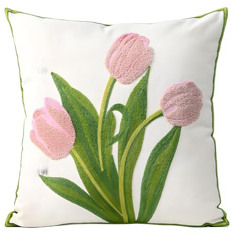 TAOSON Pink Tulip Flowers Embroidered Throw Pillow Covers,18x18“,Set of 2 | Cotton Blend Canvas Cushion Cases for Sofa Couch Bed Living Room Decor,Valentine's Day Gift Square Farmhouse Floral 18x18