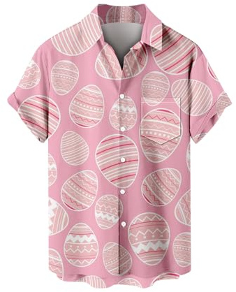 Shunking Happy Easter Button Up Shirts Men Funny Easter Eggs Print Short Sleeve Bunny Button Down Shirt Holiday Hawaiian Tops (Z35 Pink, L)