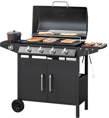 Zendea Barbecue a Gas 4+1 Fuochi Martin – BBQ da Esterno in Acciaio Nero con Griglia Inox, Bruciatore Laterale, Termometro, Cappa e Ruote, Barbecue a Gas Esterno Professionale