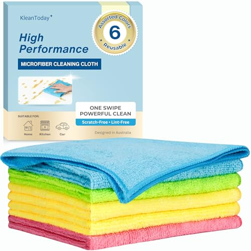 KleanToday 6 Pack Microfiber Cleaning Cloth 12.6X12.6 inches Super Absorbent High Performance -1200 Washes Resuable Microfibre Rags for Kitchen, Car, Bathroom & Household Cleaning Supplies
