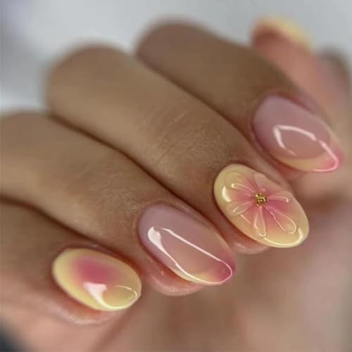 24 Pcs Short Almond Press-On Nails – 3D Yellow & Pink Flower French Tip, Eco-Friendly Soft-Gel ABS, 12 Sizes Custom Fit with Accessory Tools, Reusable Glossy False Nails
