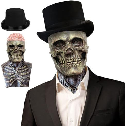 CLIUNT Halloween dödskallemask, heltäckande huvudskallmask, skräck spöke festival läskiga dödskalle masker, 3D skelett masker, naturligt latex för cosplay party huvudbonad