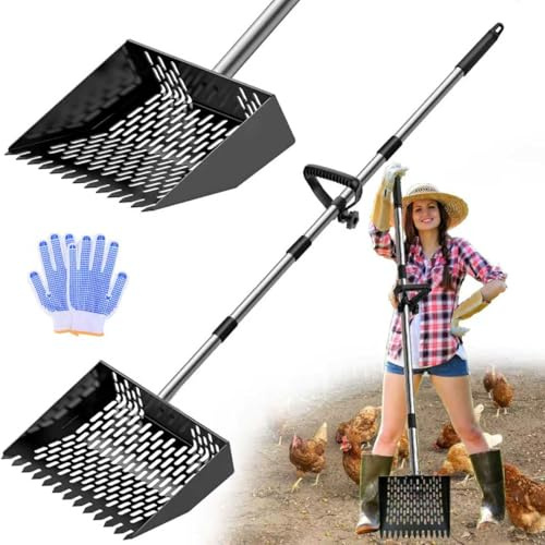 DEMARRE Chicken Poop Scooper & Rake 2-in-1, Metal Chicken Scoop with 35 to 65 Adjustable Stainless Steel Handle, Litter Scooper Sand Sifting Shovel Chicken Coops/Animals House