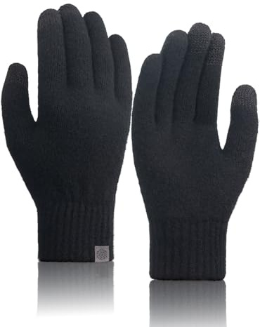 TRENDOUX Guantes Frio Nieve Pura Lana Merino Hombre Mujer, Guantes Cálido Touch Screen Punto Invierno, Tactiles Térmicos Elásticos Suaves Transpirable para Conducir Running Senderismo - Negro M