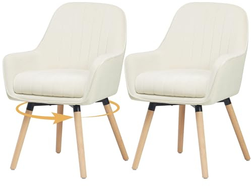 ELUCHANG Silla de Comedor Pack 2, 360°Giratoria, 12cm Grosor Sillones con Reposabrazos Altos, Crema Terciopelo Silla para Cocina, Salón, Dormitorio, Carga Máx. 150 kg, Patas de Madera