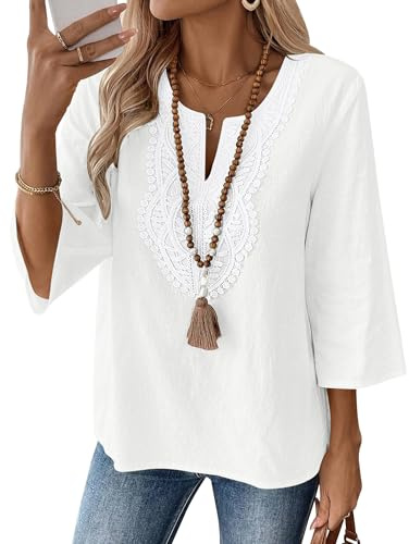 Rapbin Womens Tops 3/4 Sleeve Cotton Linen V Neck Boho Lace Casual Blouses